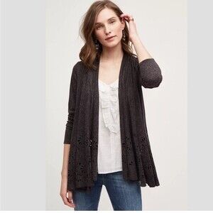 Anthropologie Meadow Rue Verna Linen Blend Laser Cut Cardigan Grey Open Sweater
